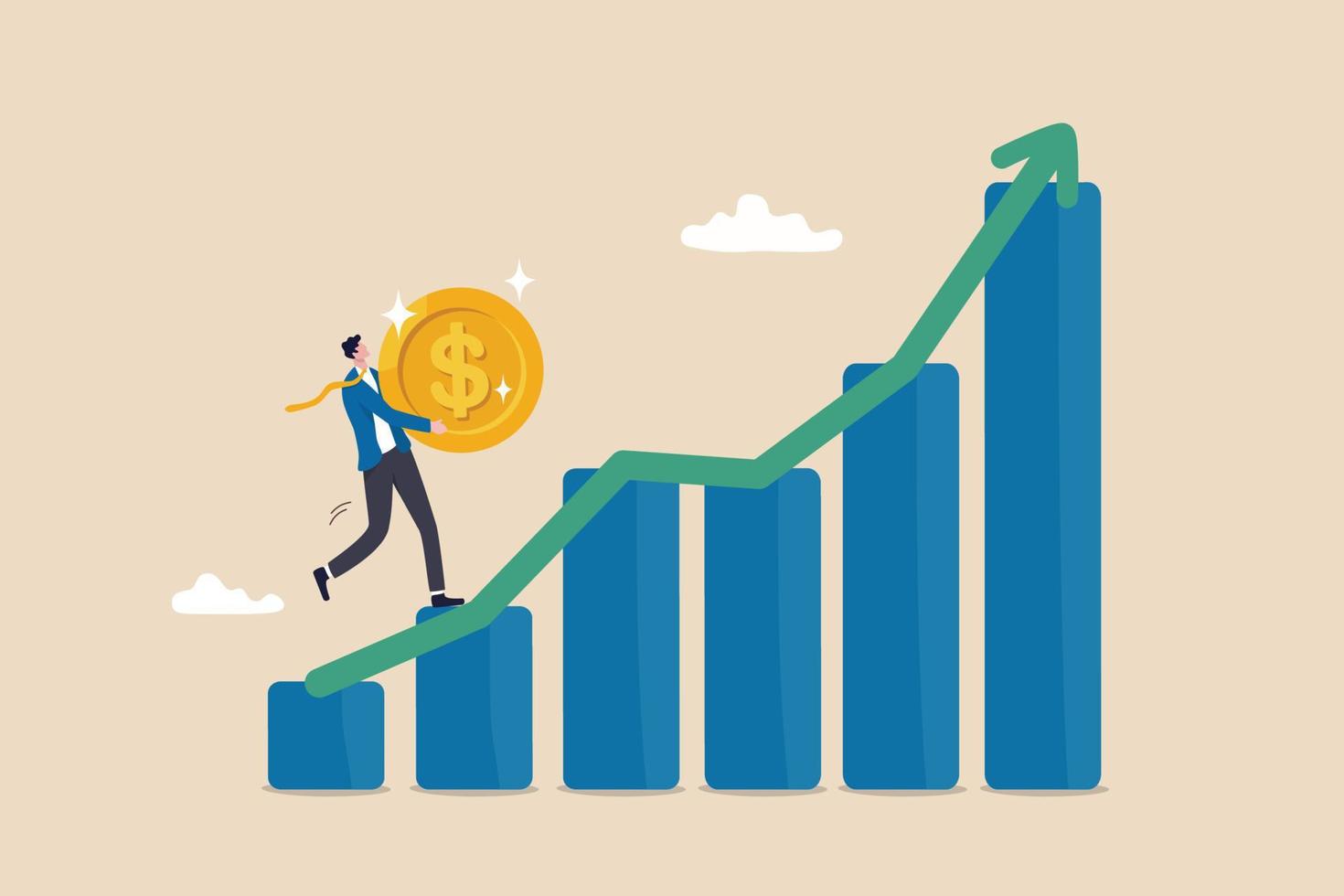 Investment graph, earning or profit from stock exchange or mutual fund, wealth management or asset growth concept, confidence businessman carry big dollar coin climb up rising up financial graph. vector