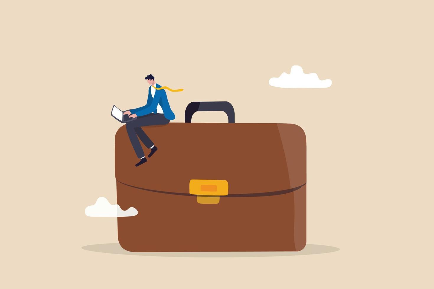 Work experience, expertise or professional employee, specialist skill, occupation or administrator work, wisdom or employment concept, confidence businessman working with computer laptop on briefcase. vector