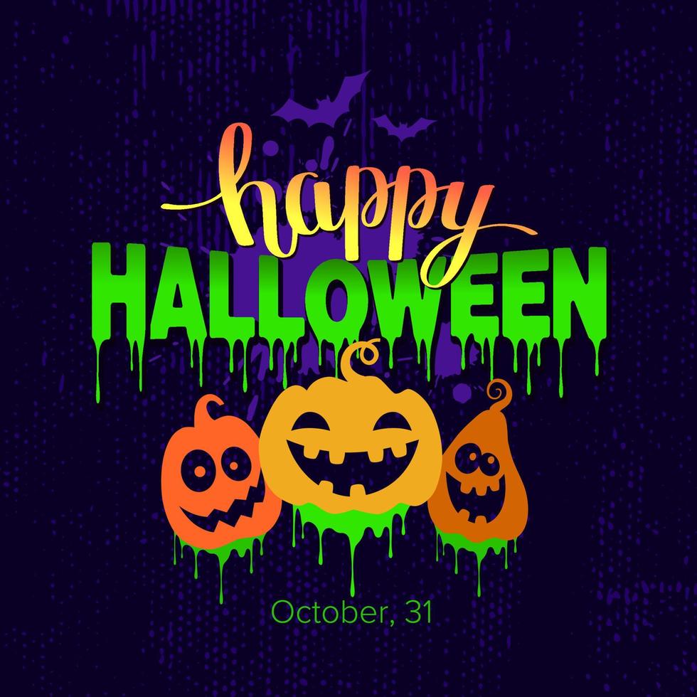 feliz banner de texto de halloween con calabazas y murciélagos. ilustración vectorial vector