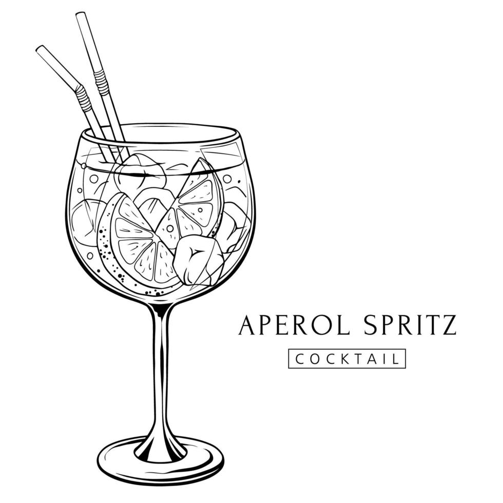 Aperol spritz cocktail, hand drawn alcohol drink with orange slice and ice. Vector illustration