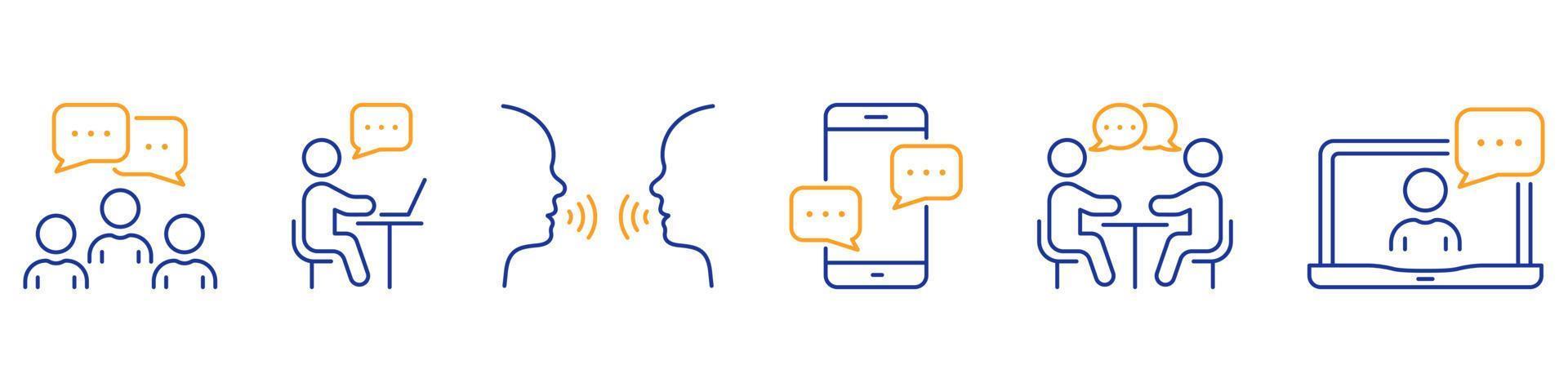 conjunto de iconos de línea de personas de la comunidad. chat de mensajes de texto de personas, pictograma lineal de burbujas de discurso en línea. icono de esquema de recursos humanos de conversación de video. trazo editable. ilustración vectorial aislada vector