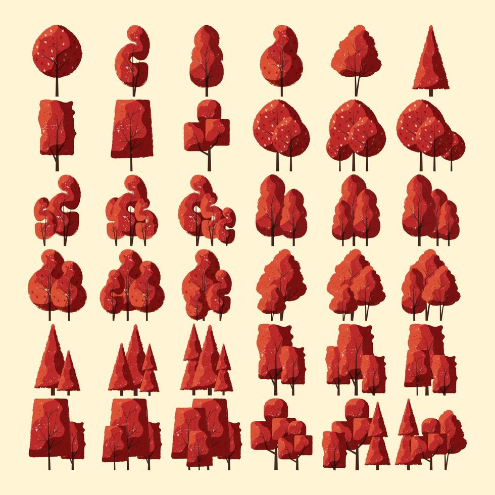 Collection Realistic Trees autumn Isolated on White Background. vector
