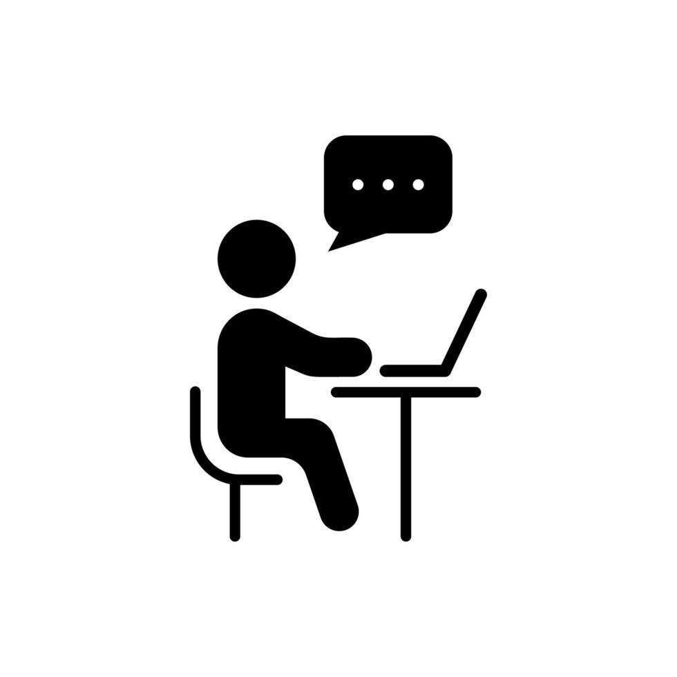 Person Sit and Use Computer Silhouette Icon. Online Training Video Conference Chat on Laptop Pictogram. Virtual Webinar Meeting Discussion Black Icon. Isolated Vector Illustration.