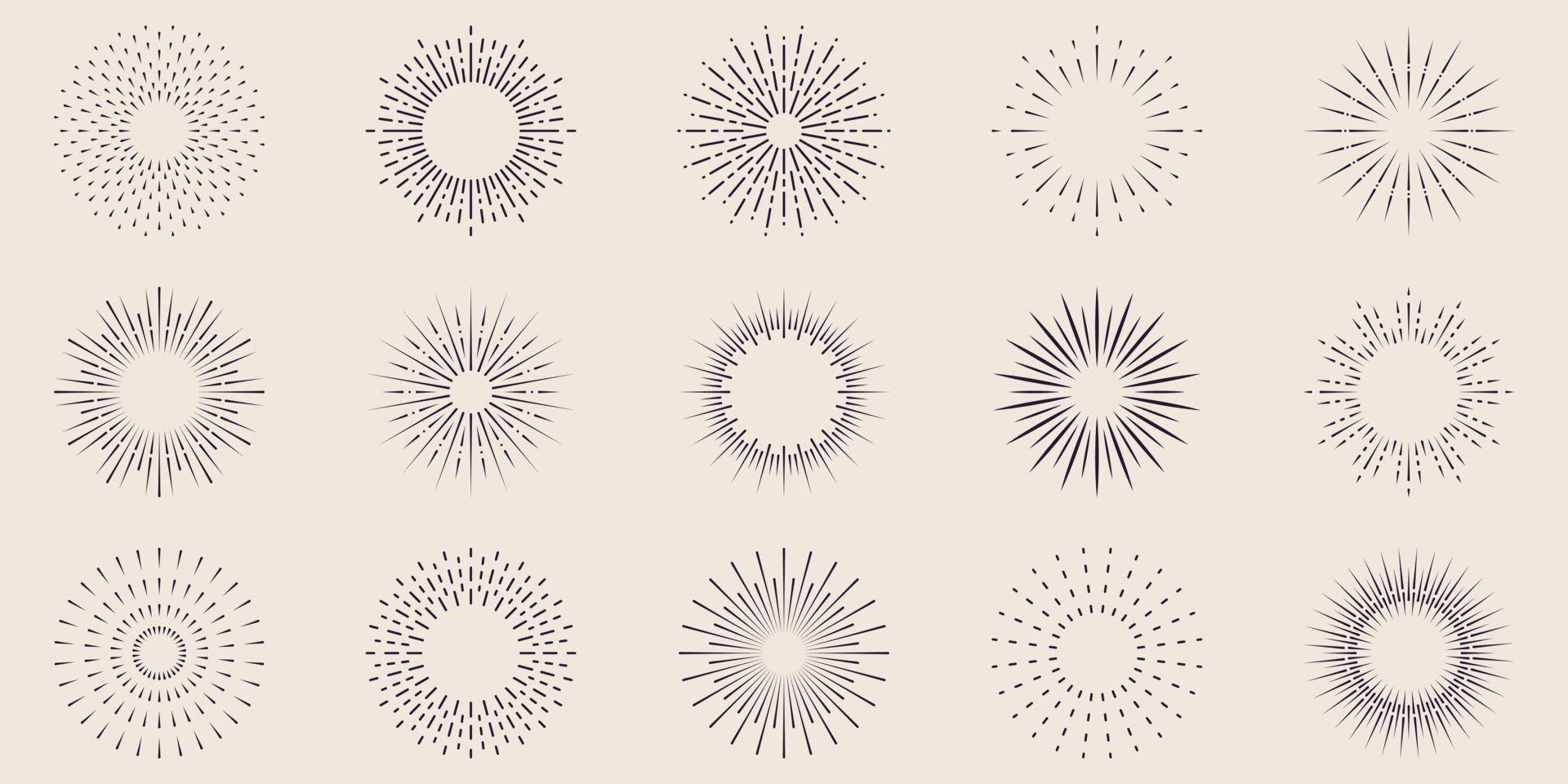 conjunto de iconos de línea de fuegos artificiales. explosión de luz estelar. círculo chispa sunburst estrella ráfaga brillo icono de contorno. celebrar feliz cumpleaños, feliz pictograma lineal de fiesta de navidad. ilustración vectorial aislada. vector