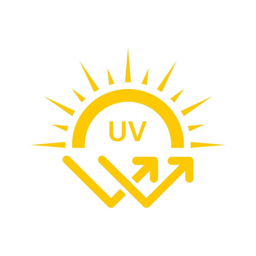 rayos ultravioleta silueta icono amarillo. Icono de cuidado de la piel de defensa de protección solar. Bloqueador solar resistente a los rayos solares spf. la flecha UV del sol protege el pictograma del glifo de radiación. ilustración vectorial aislada. vector