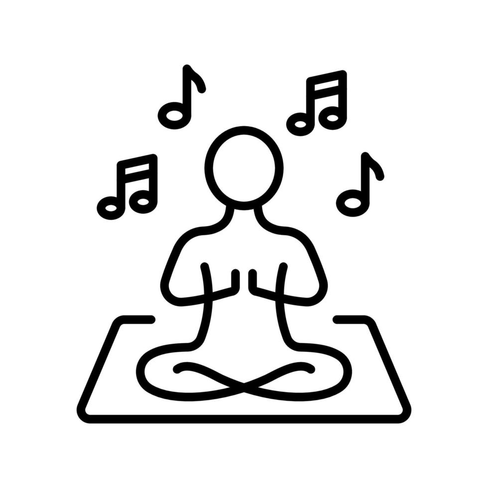 Yoga Concentration with Listen Music Line Icon. Harmony Man Relax in Lotus Pose Meditate Pictogram. Meditation and Listening to Music Outline Icon. Editable Stroke. Isolated Vector Illustration.