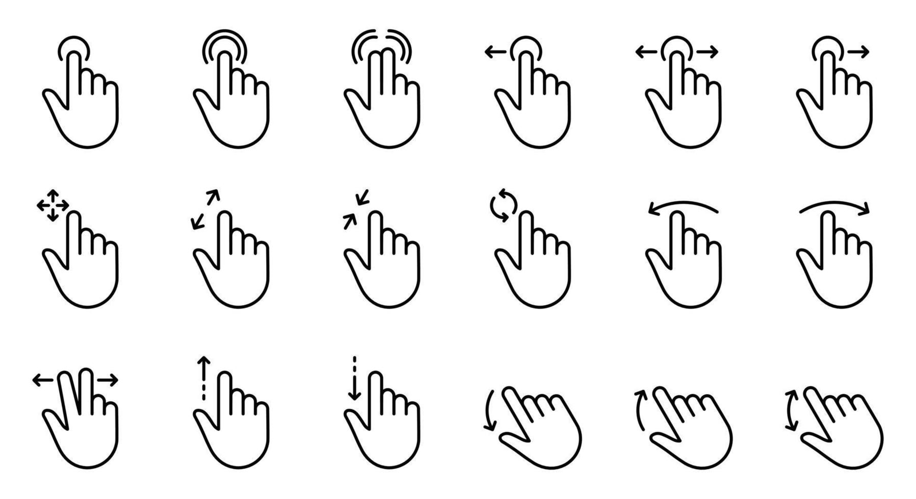 Toque con los dedos de la mano, deslice y arrastre el conjunto de iconos de contorno. pellizque la pantalla, gire hacia arriba hacia abajo en el icono de la línea de pantalla. gesto deslice el pictograma lineal izquierdo y derecho. trazo editable. ilustración vectorial aislada. vector