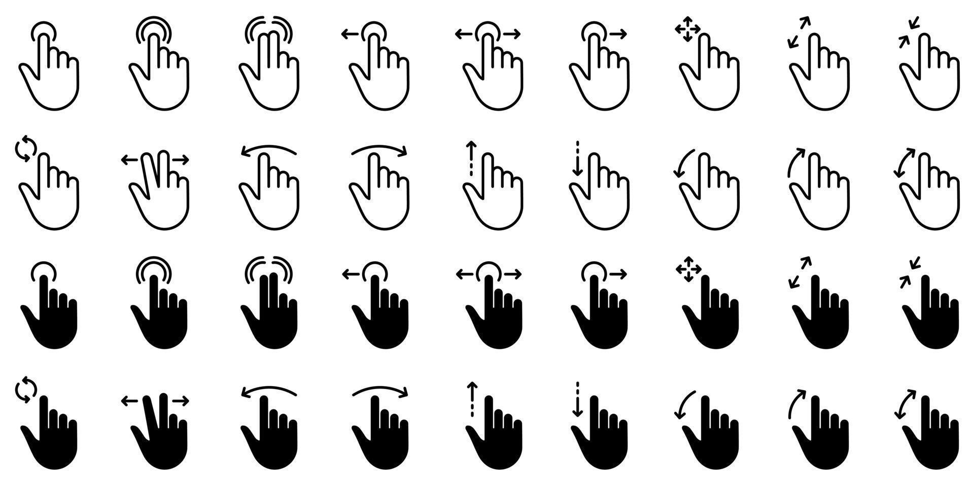 conjunto de iconos de silueta y línea de toque de gestos. toque con el dedo de la mano y arrastre el pictograma de glifo lineal. pellizque la pantalla, gire hacia arriba hacia abajo en el icono de contorno de la pantalla. diapositiva de gesto. ilustración vectorial aislada. vector