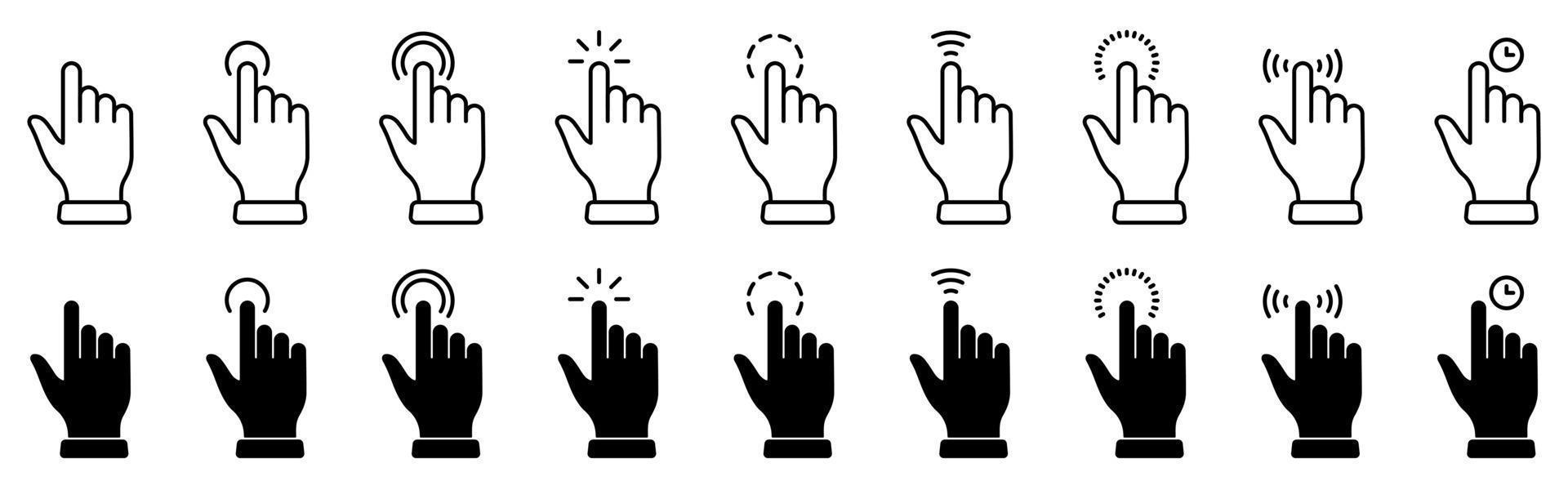 Cursor Computer Pointer Sign. Website App Press Tap Link Choice Button Internet Interface Symbol. Hand with Finger Digital Mouse Click Line and Silhouette Icon Set. Isolated Vector Illustration.