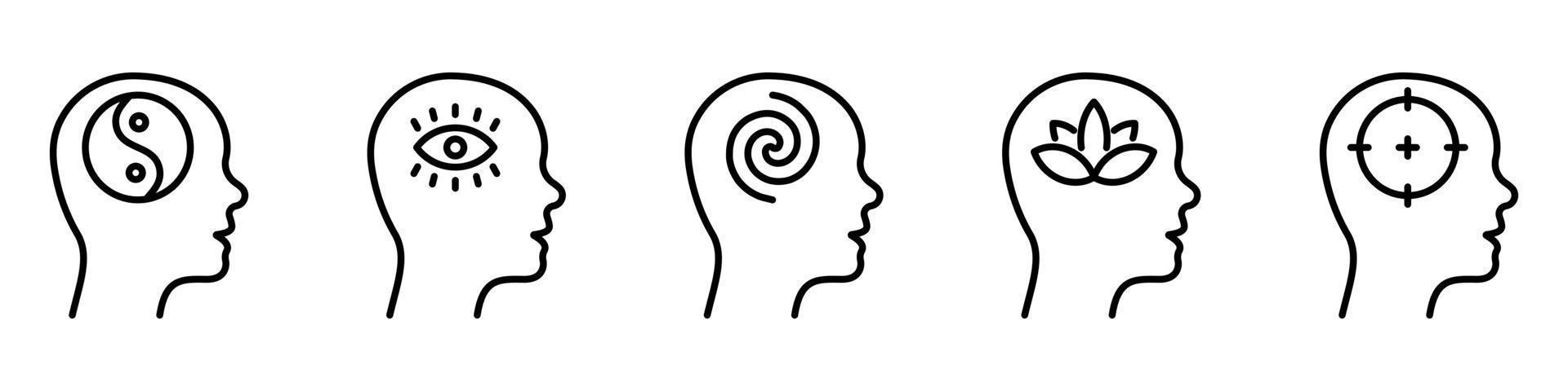 Brain Balance Harmony in Head Line Icon. Illuminati Eye, Target, Lotus Khamsa, Yin Yang Linear Pictogram. Peace in Human Head Concept Outline Icon. Editable Stroke. Isolated Vector Illustration.