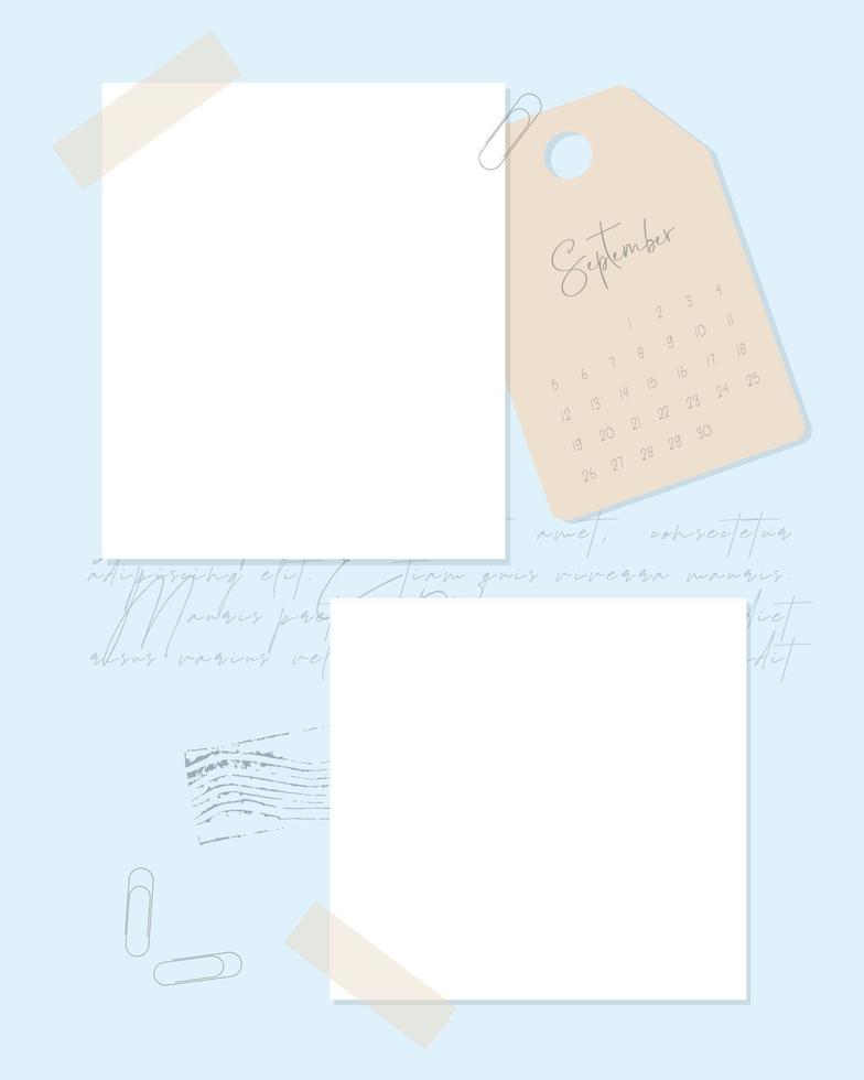 Blank blue Calendar September 2022, template, list, reminder, stamp, scrapbooking, plans, vintage. vector