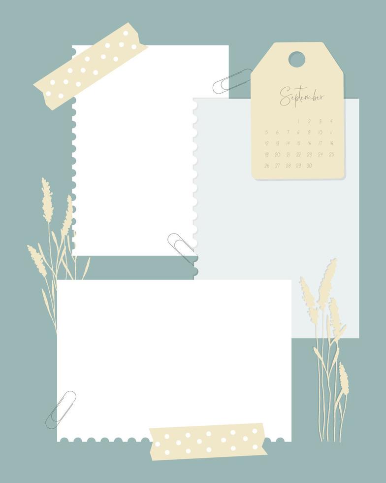 Calendar September 2022  template for notes reminders to do list, scrapbooking, lavender, vintage. vector