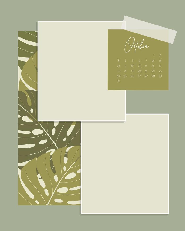 calendario octubre 2022 plantilla collage vintage para notas recordatorio para hacer lista scrapbooking con hojas otoñales de monstera. vector