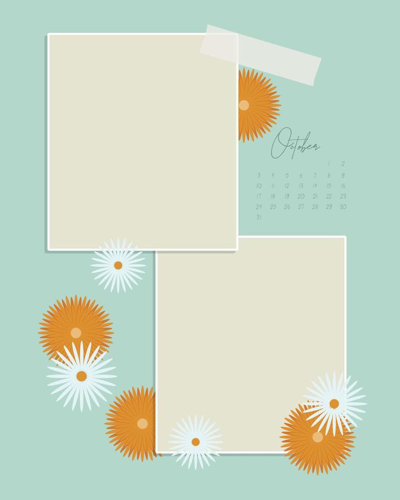 Calendar October 2022 template collage vintage for notes reminder to do list scrapbooking with flowers chamomile calendula marigolds vector