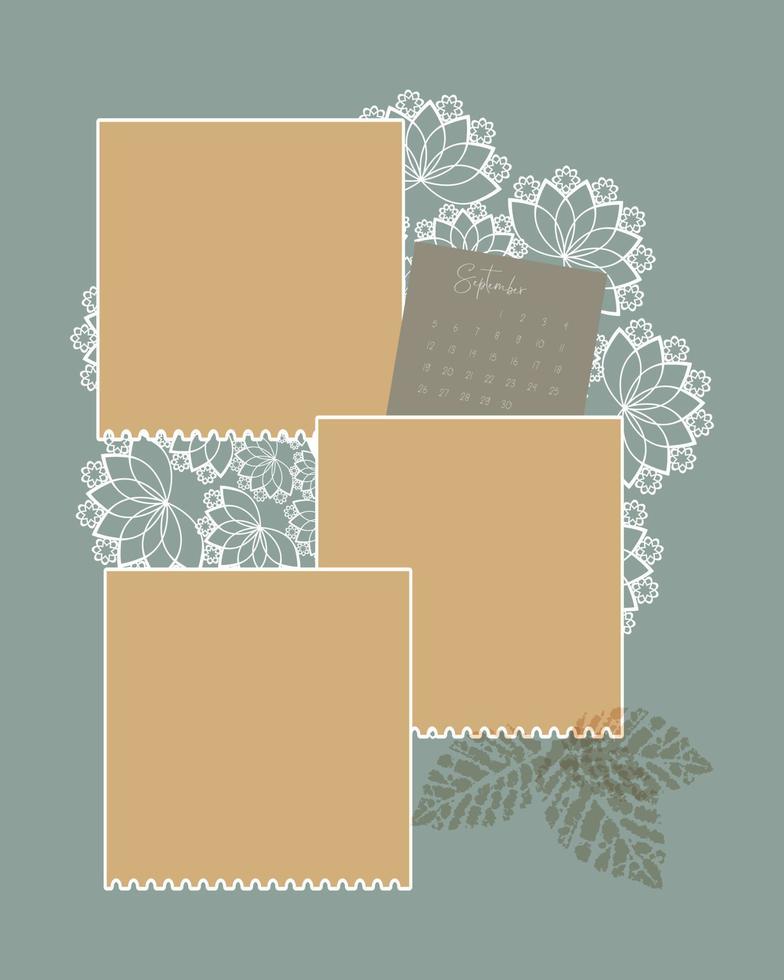 Photobook Collage and September 2022 calendar template frame, scrapbooking, lace, leaf stamp imprint. vector