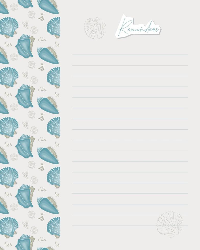 Reminder template, to do list, schedule, plan, blank, lined paper with sea ocean seashells pattern. vector