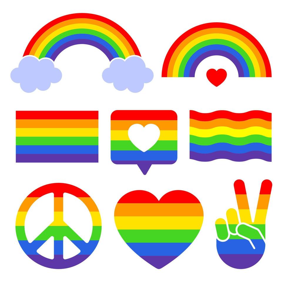 conjunto de iconos de arco iris de colores. arco iris en diferentes formas. arcoiris con nubes vector