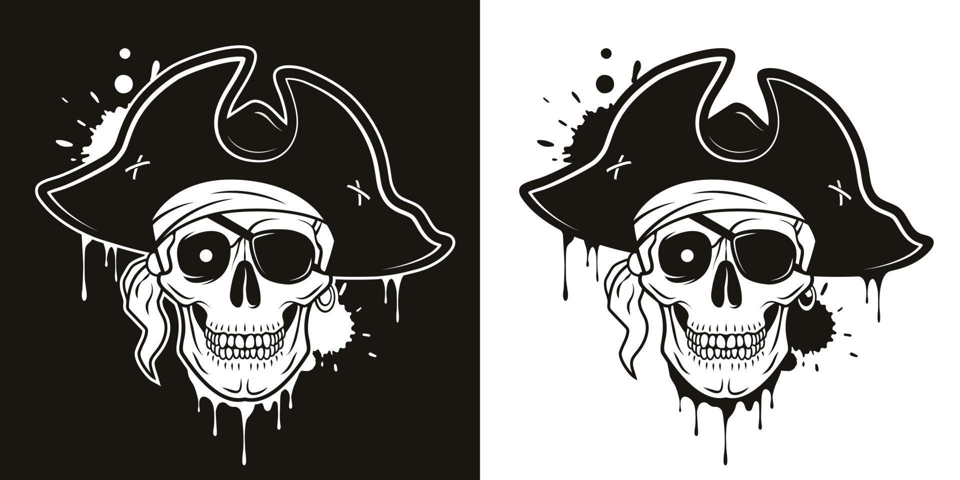 Pirate skull with eye patch, hat, bandana, glowing eye. Vector hand drawn cartoon illustration isolated on white and black background