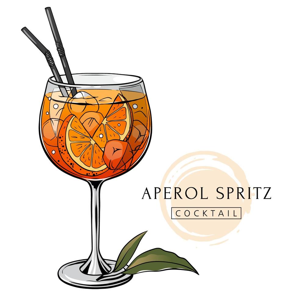 cóctel aperol spritz, bebida alcohólica dibujada a mano con rodaja de naranja y hielo. ilustración vectorial vector