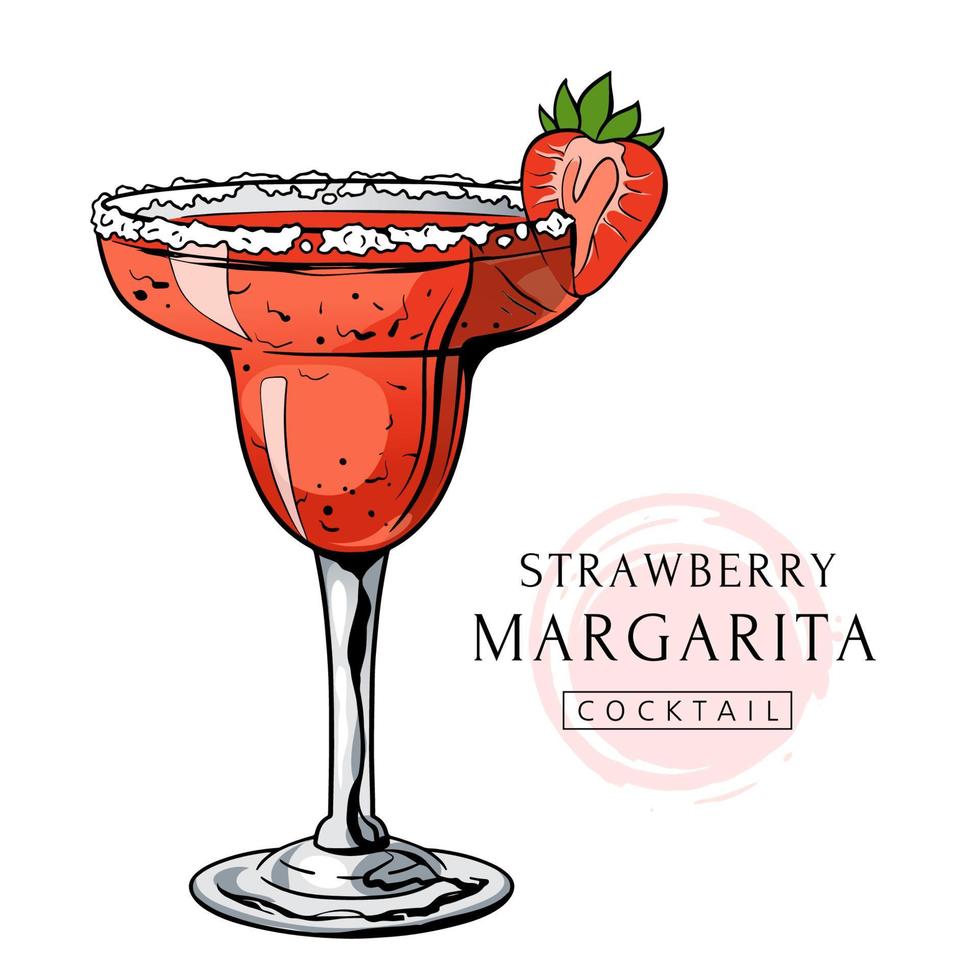 Strawberry Margarita cocktail, hand drawn alcohol drink with berry and salt. Vector illustration