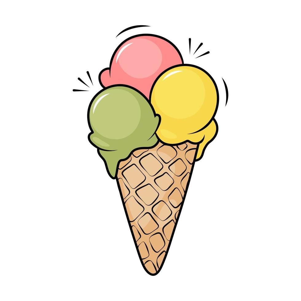 bolas de helado en una taza de gofres, ilustración vectorial vector