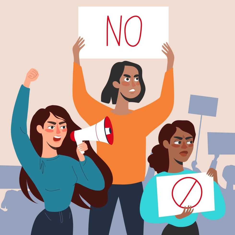 Women with placards and loudspeakers at the protest. Fight for equality, women's rights. Vector flat illustration