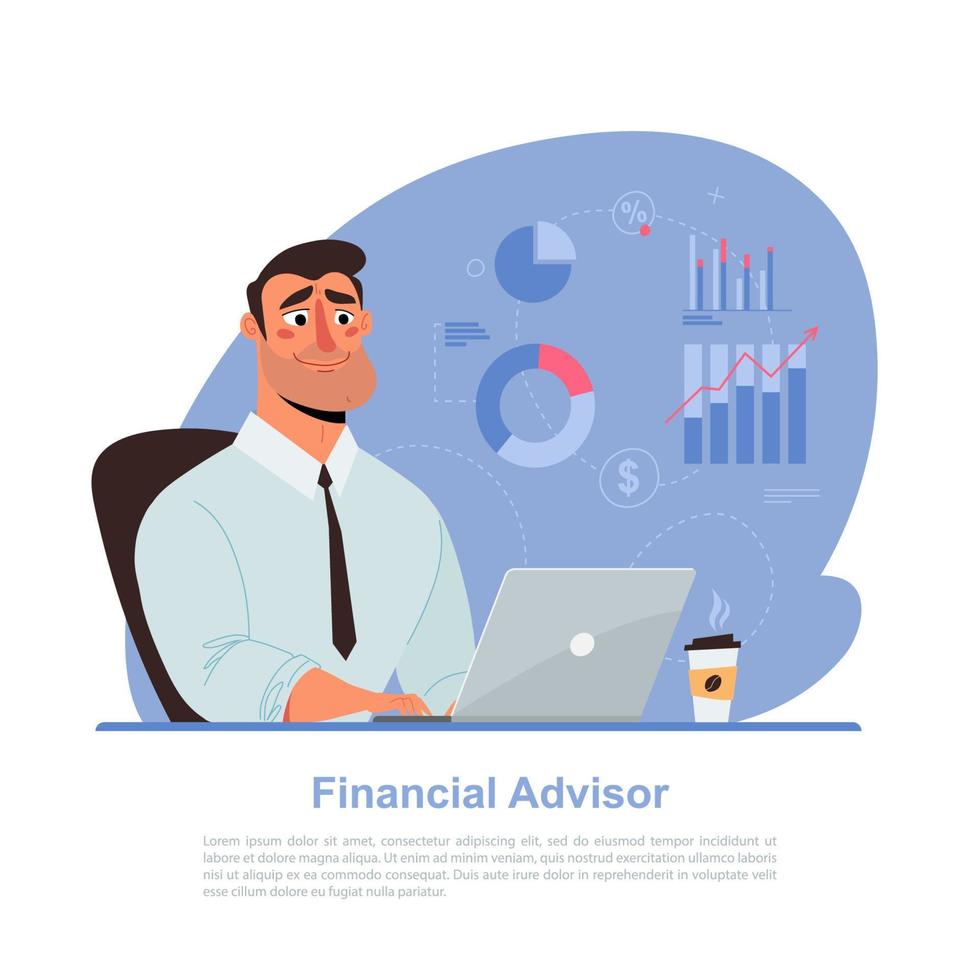 Financial consultant working on analytics on a laptop, cartoon vector illustration