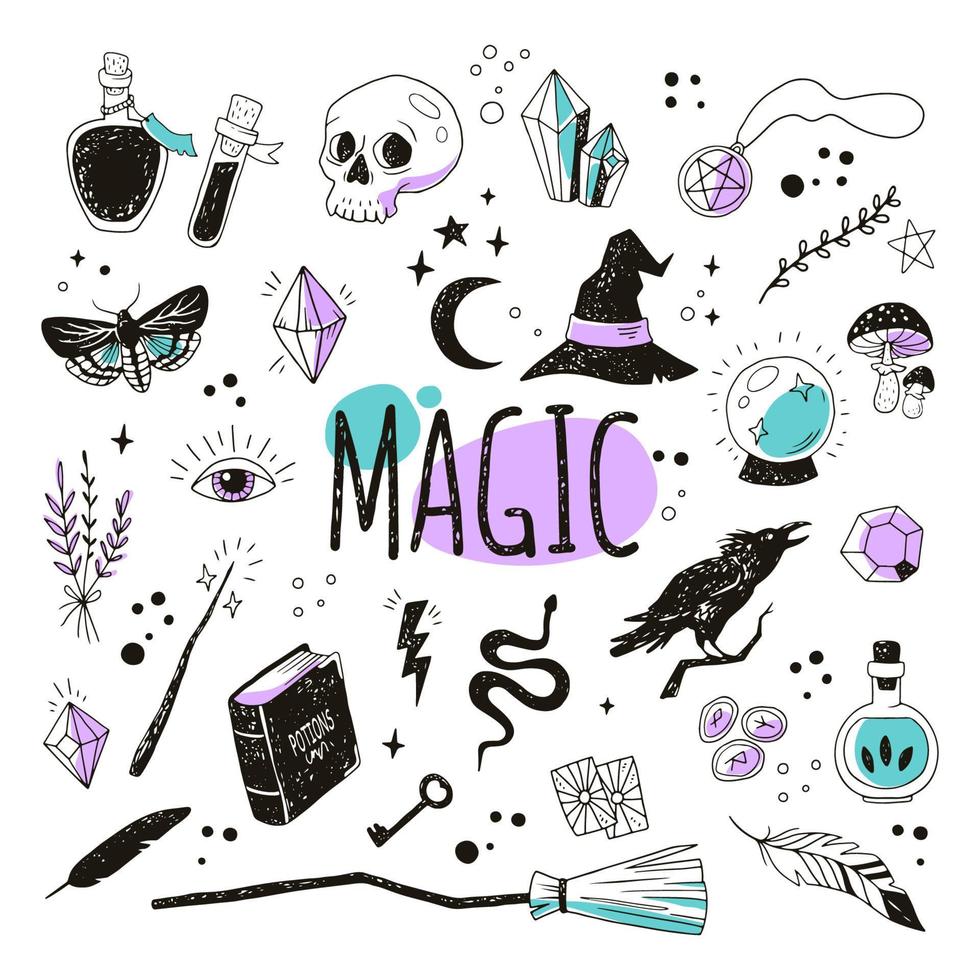 Magic hand drawn doodle set. Vector Icons collection. Witchcraft symbols potion, crystal, skull, spellbook, cauldron, raven, broom, magic wand, runes