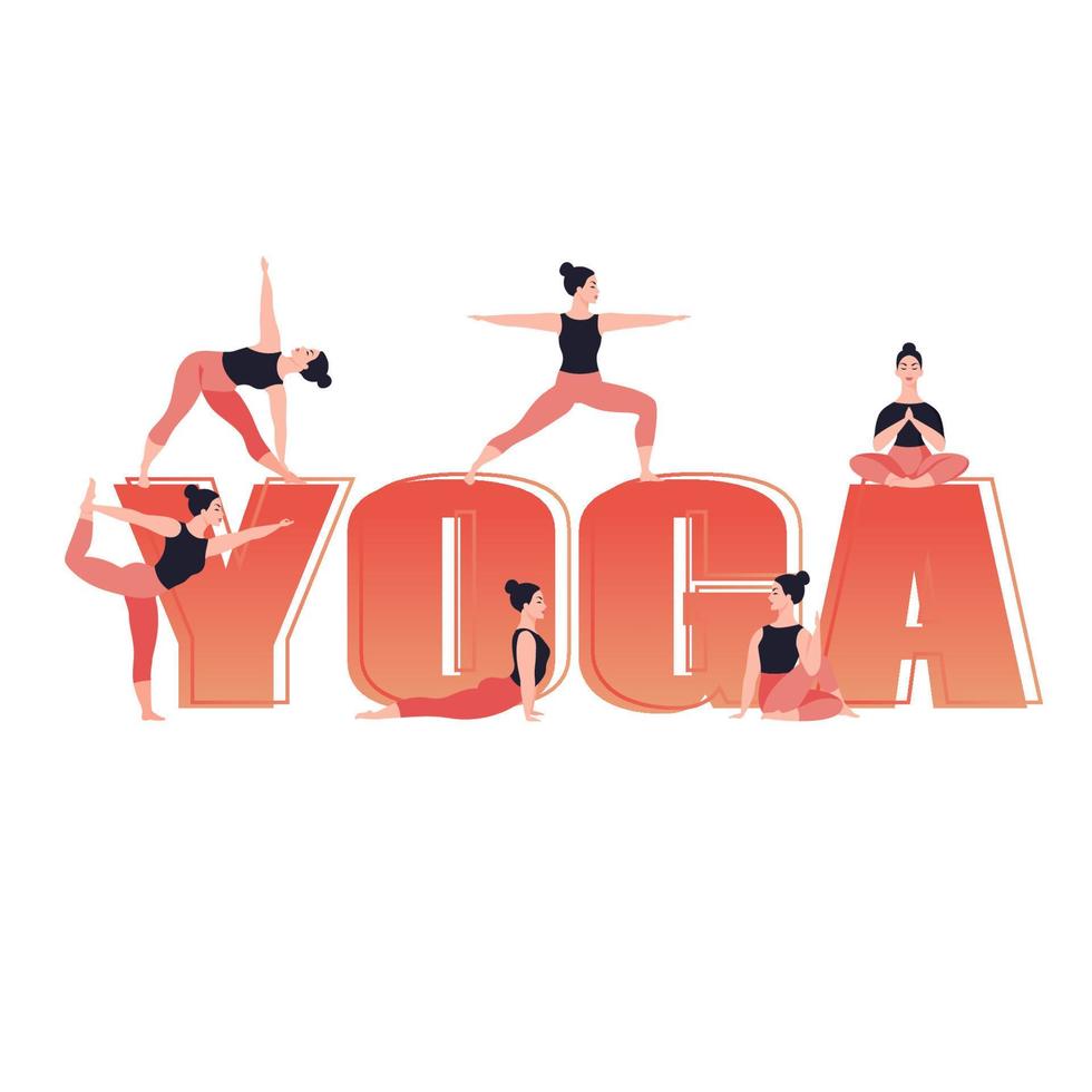 Yoga text. Young woman practicing yoga and meditation. Girl doing different yoga poses. Flat vector illustration