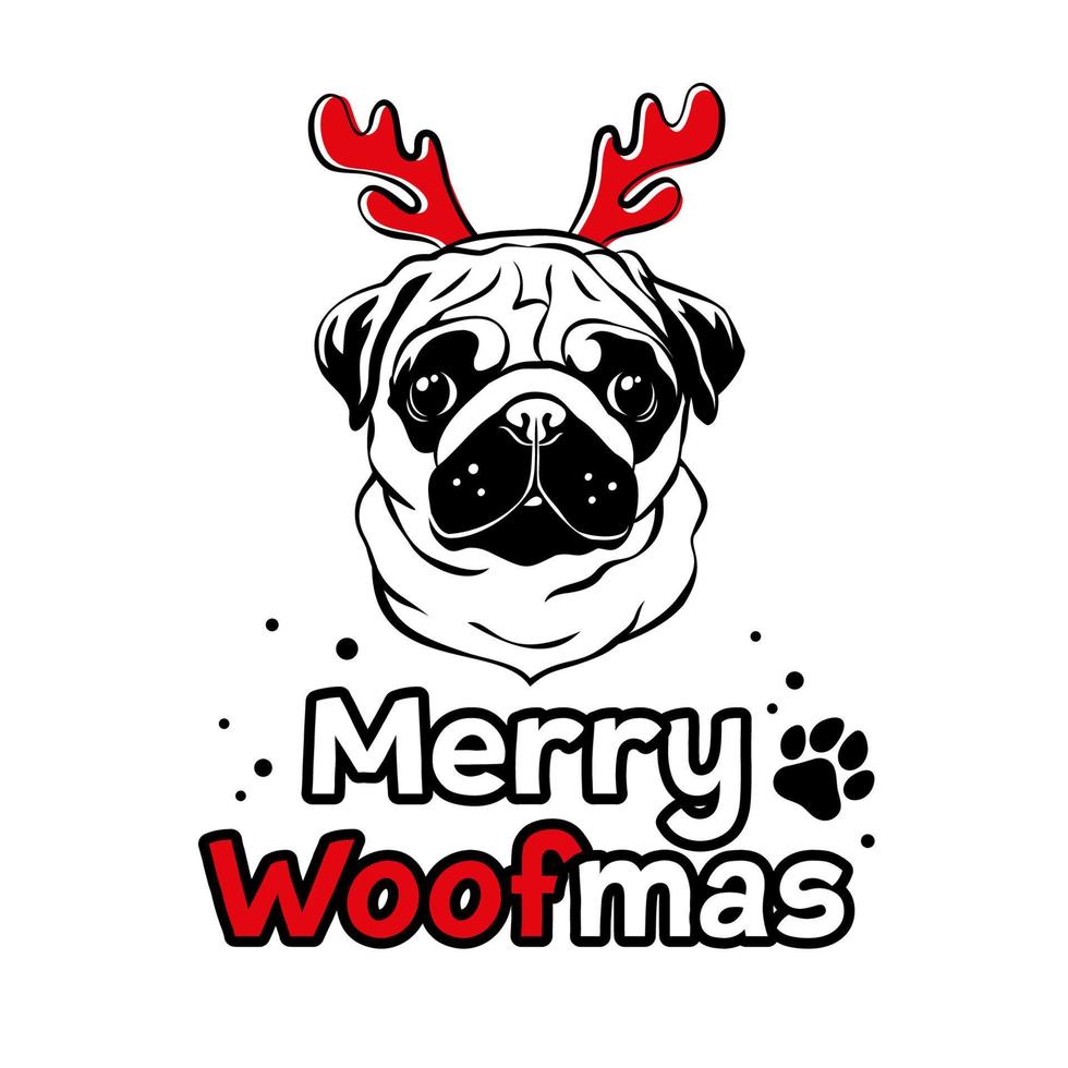 Cute pug with red red reindeer antlers. Christmas pug dog portrait. Merry woofmas text. Vector illustration