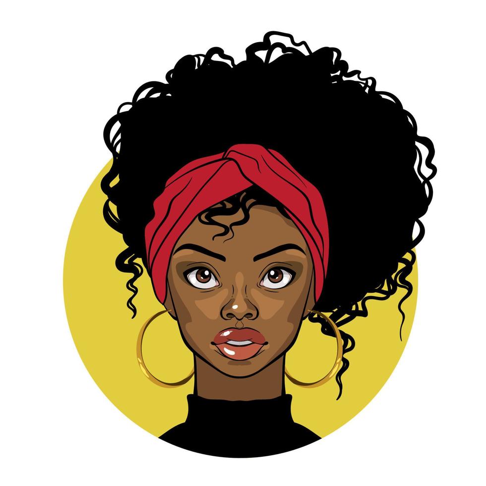 Cartoon black woman with curly hair red turban and golden earrings vector