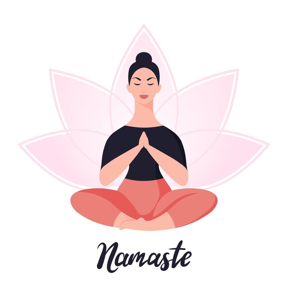 Woman meditates in yoga lotus pose. Vector illustration