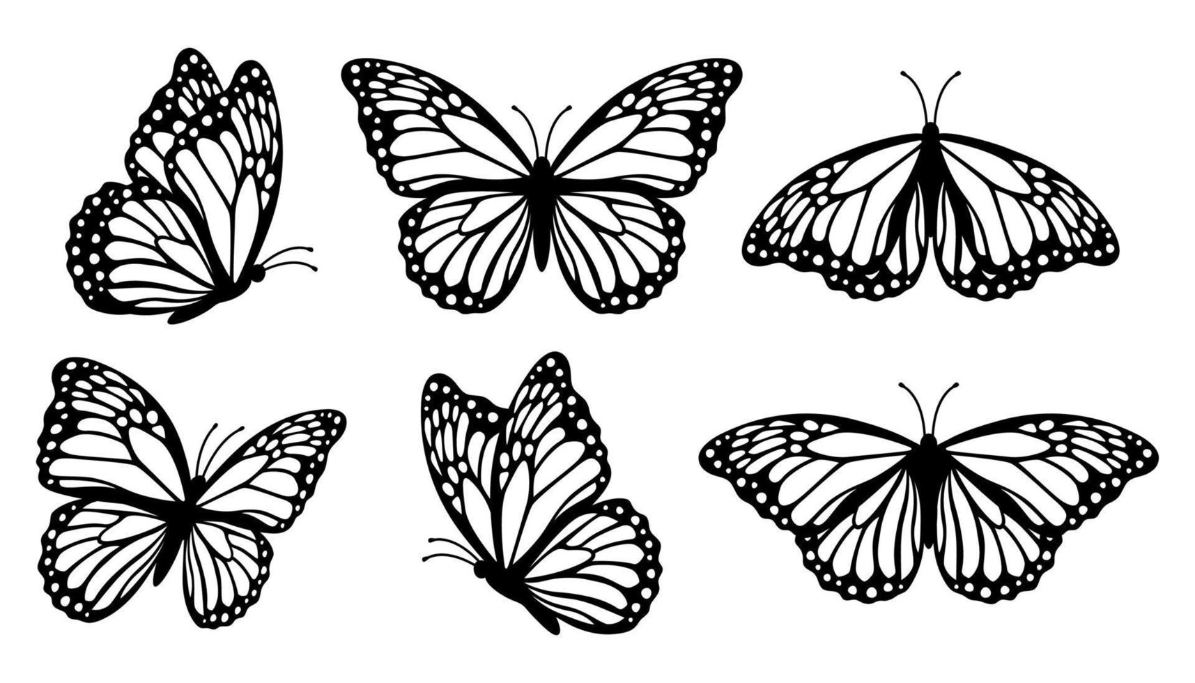 Monarch butterfly silhouettes collection, vector illustration isolated