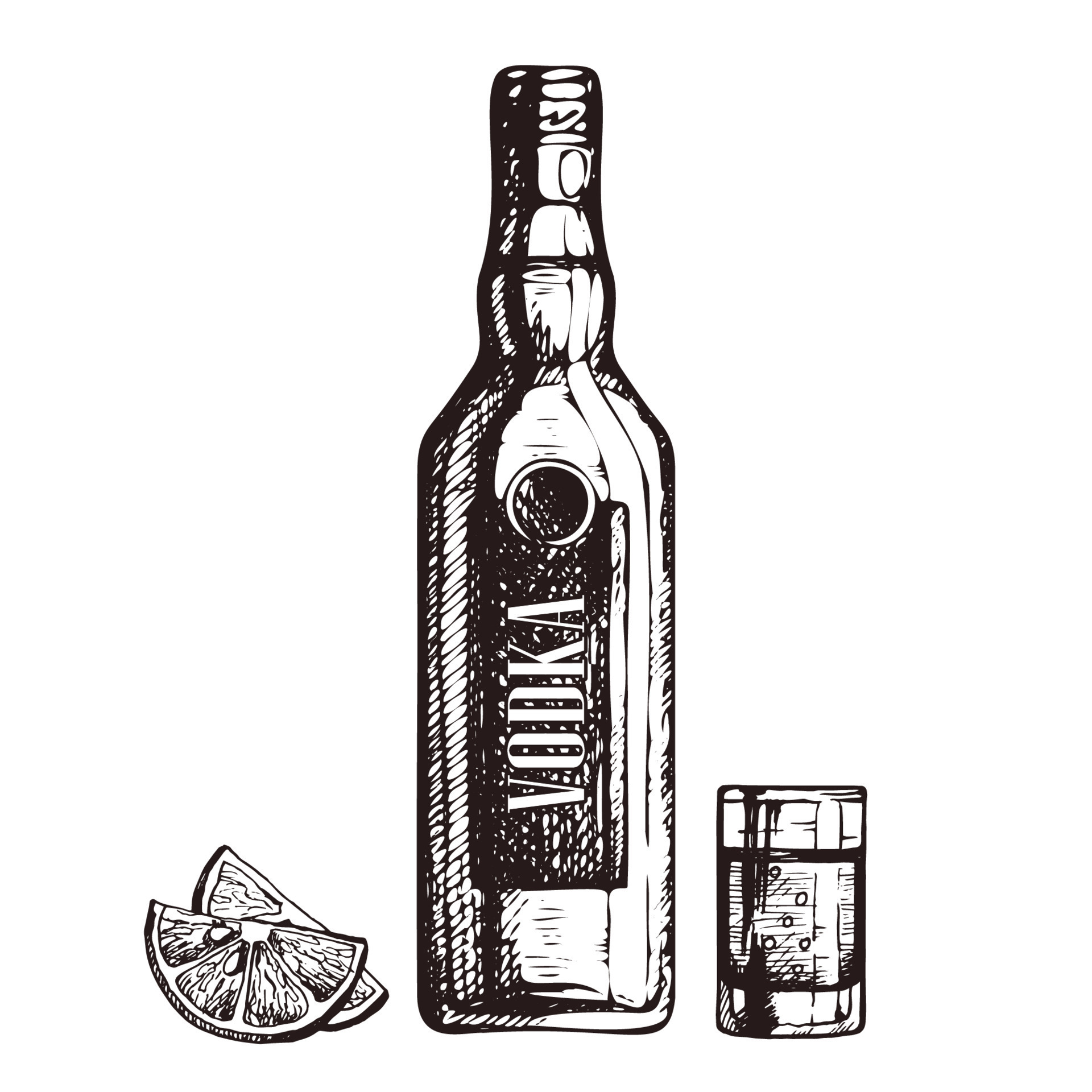 Hand drawn bottle of vodka, shot glass and lemon slices, sketch style