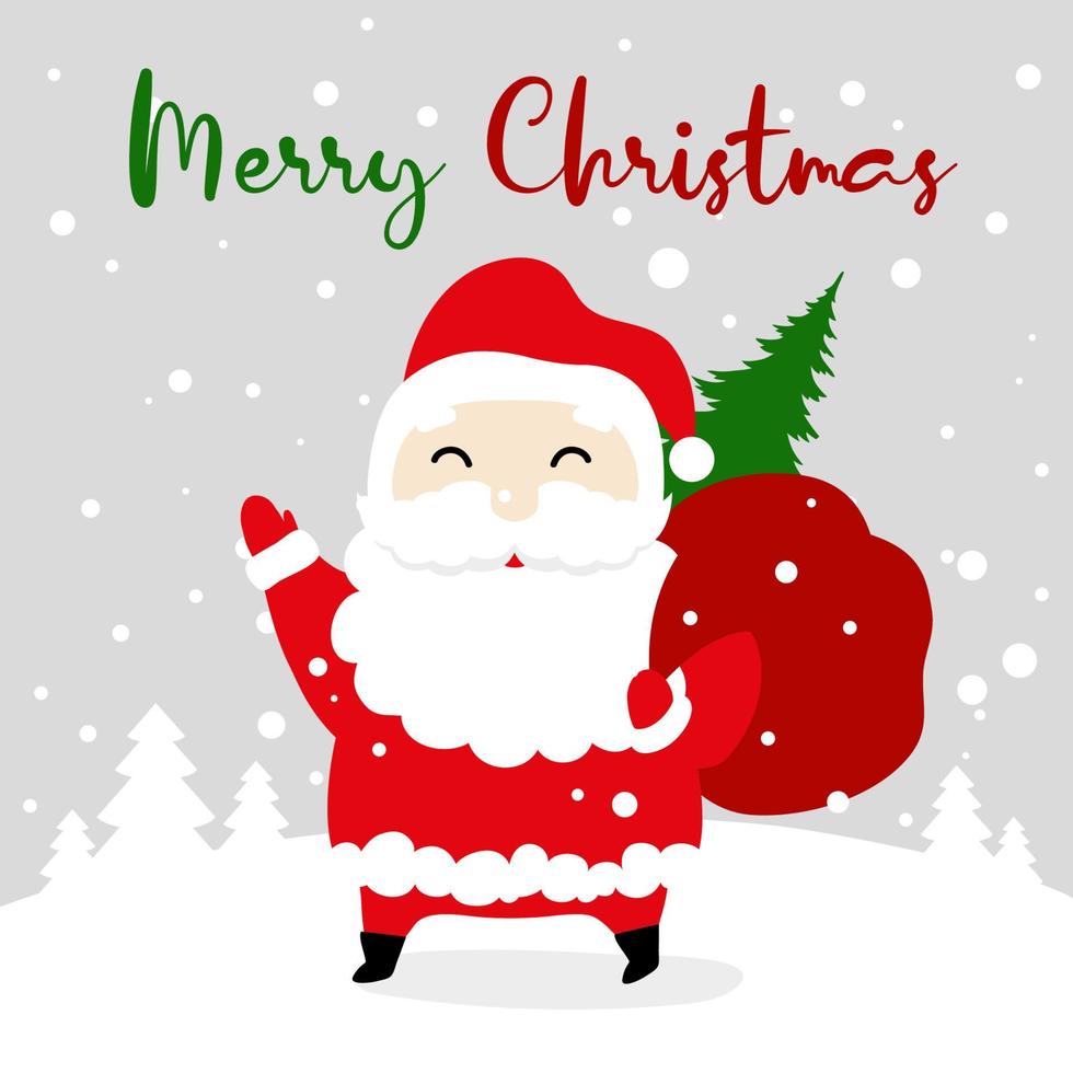 Greeting card with cute cartoon Santa Claus and Merry Christmas text vector