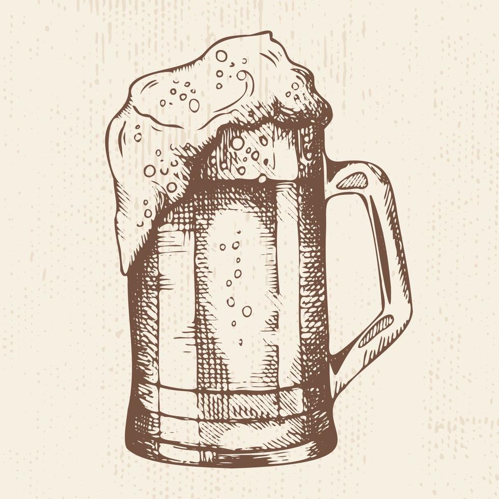 Hand drawn mug of foamy beer, sketch style vector illustration