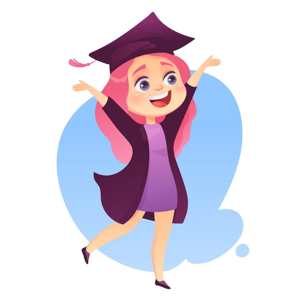 niña feliz en bata de graduación y gorra, ilustración vectorial de dibujos animados vector