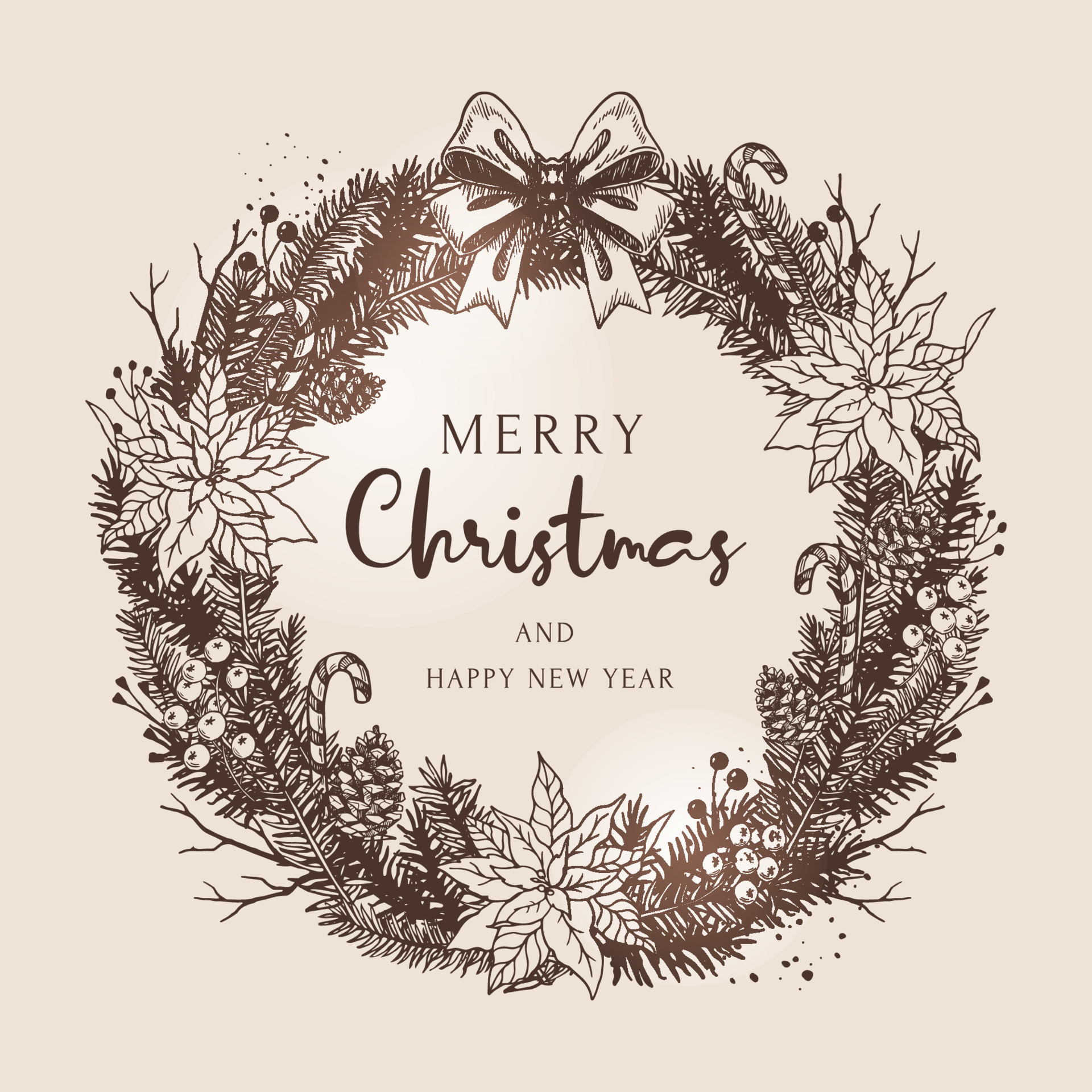 Classic Christmas floral wreath. Hand drawn vector illustration