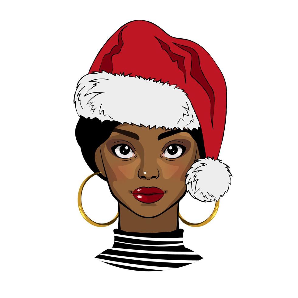Black girl with Christmas Santa hat. Vector illustration