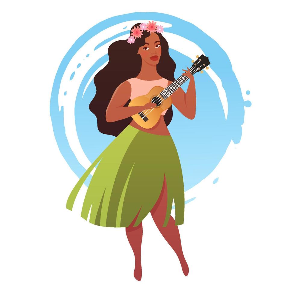 Young woman in traditional hawaiian skirt with ukulele guitar. Vector illustration isolated on white background