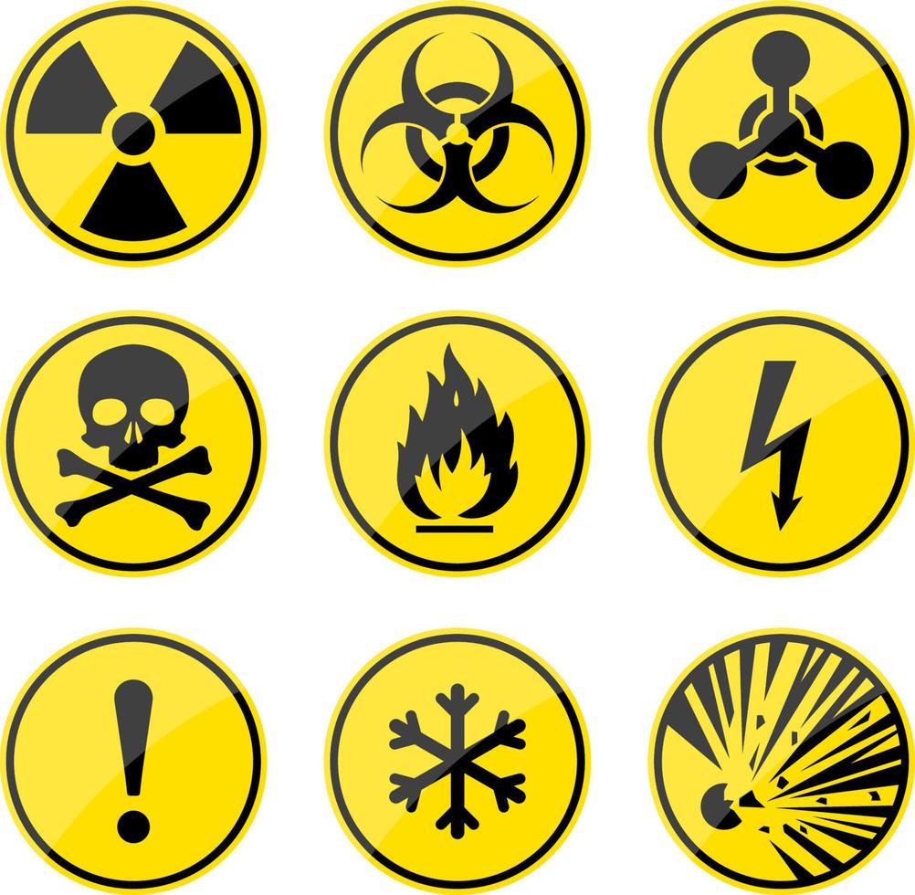 conjunto de señales de advertencia. iconos redondos de peligro. señal de radiación. señal de peligro biológico. signo tóxico. símbolo nuclear. símbolo inflamable. señales de atención vector