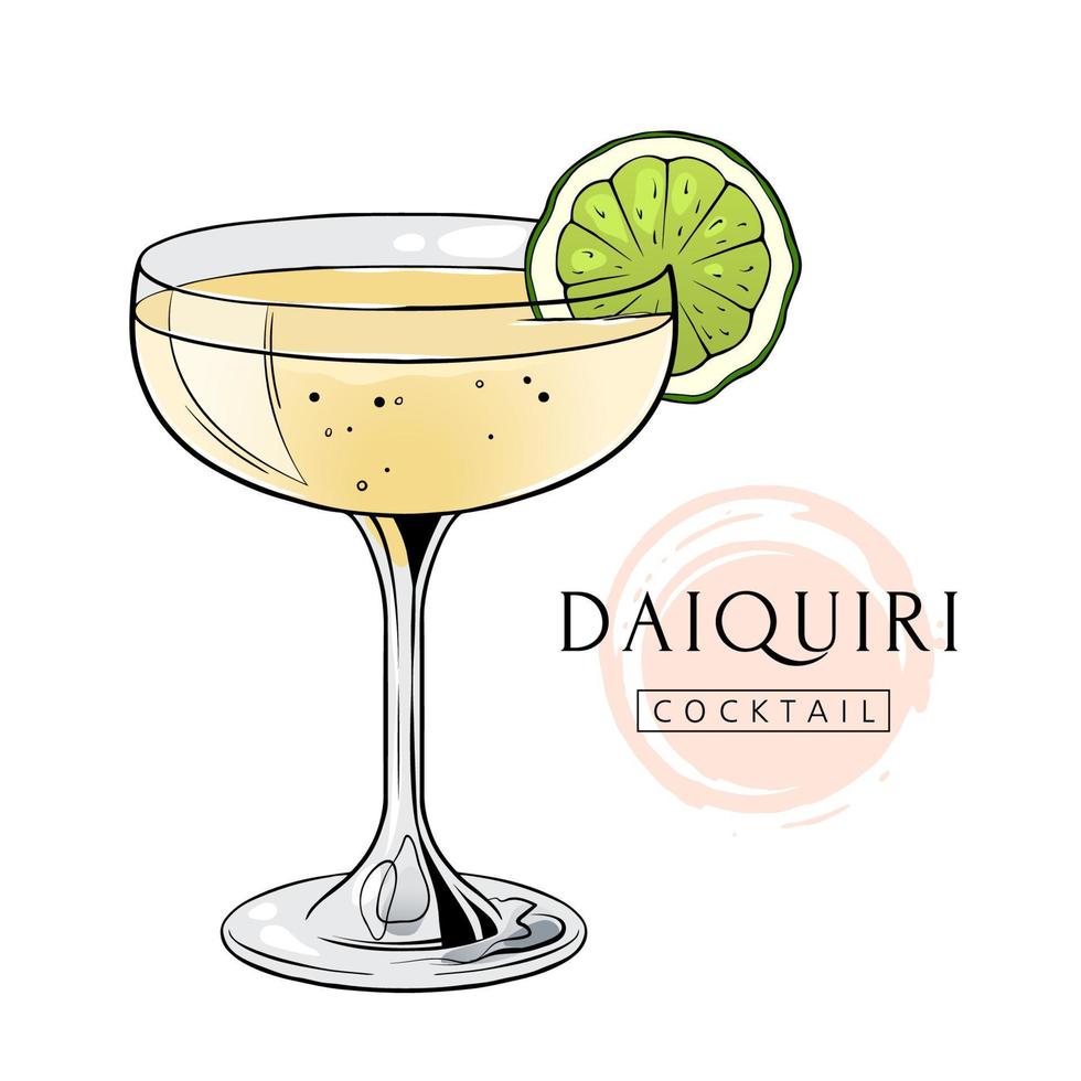 Daiquiri cocktail, hand drawn alcohol drink with lime slice. Vector illustration on white background