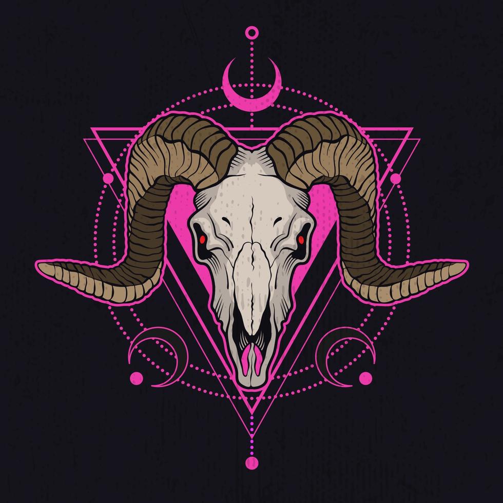 Ram skull with pink decorative elements. Tattoo sketch. Vector illustration