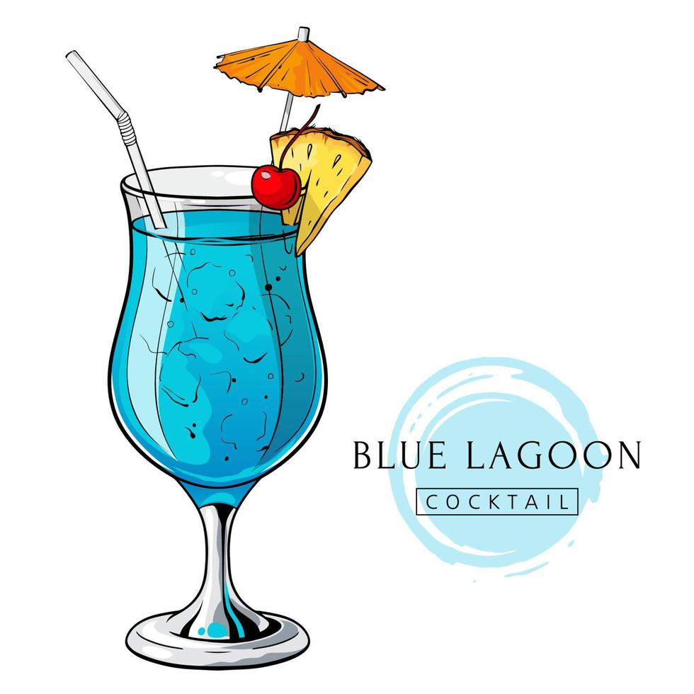 Blue lagoon cocktail, hand drawn alcohol drink with pineapple slice, cherry and umbrella. Vector illustration on white background