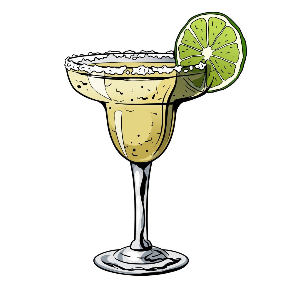 Margarita cocktail, hand drawn alcohol drink with slice of lime and salt. Vector illustration