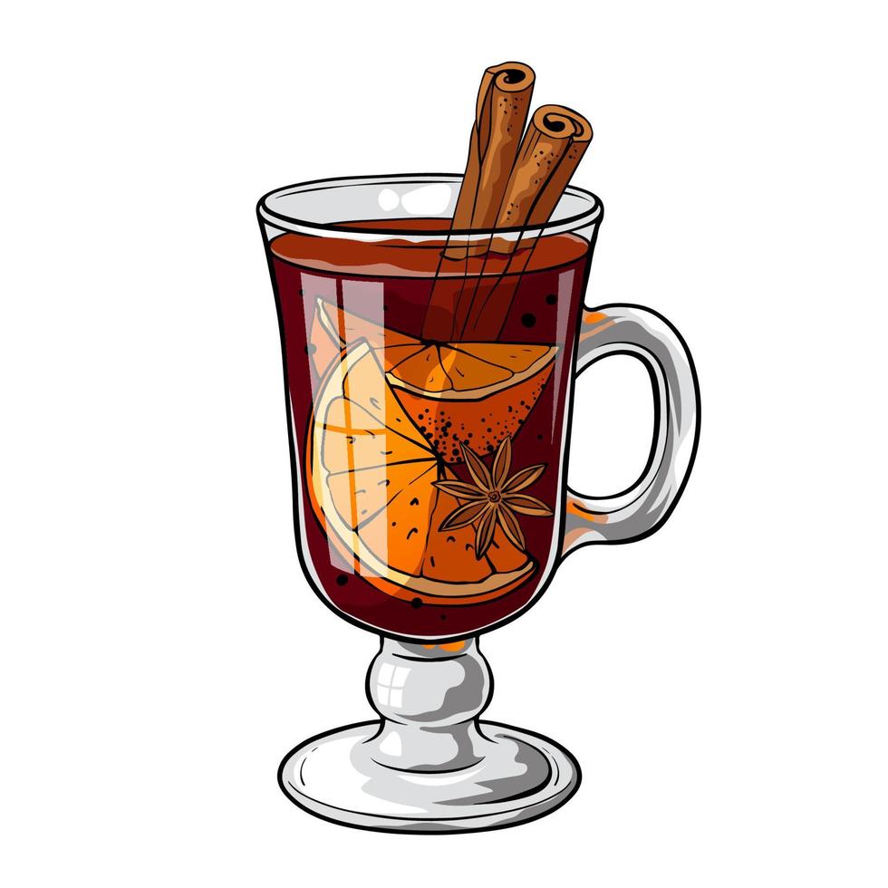 Mulled wine, hot Christmas drink with orange and spices. Vector illustration isolated on white background