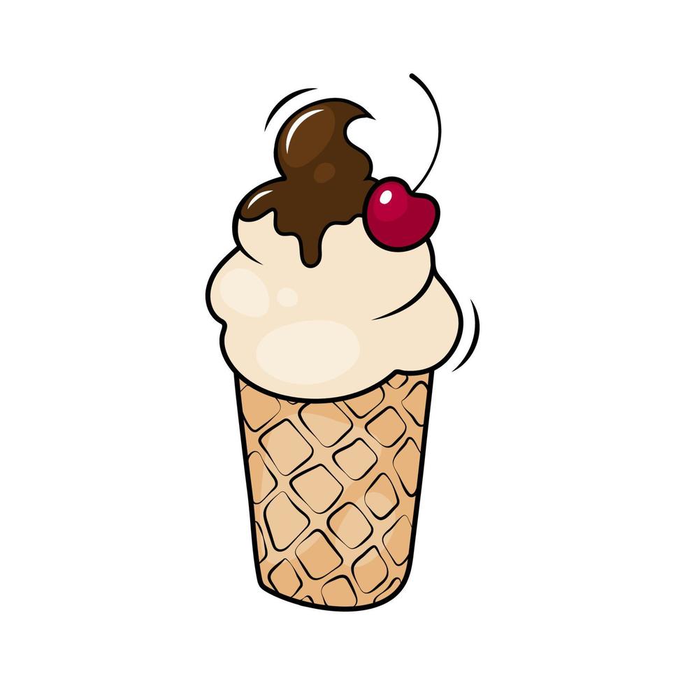 Ice cream with chocolate glaze and cherry in a waffle cup, vector illustration