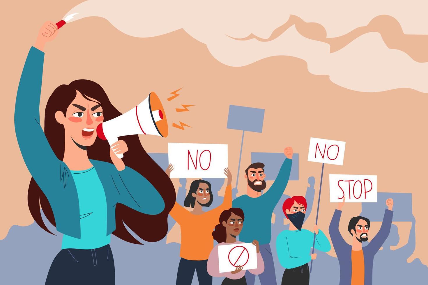 Crowd of diverse people at the protest. Woman with a megaphone and a flare supporting protests against the backdrop of angry activists with posters. Vector flat illustration