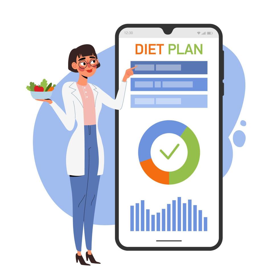 nutricionista hace un plan de dieta en una aplicación móvil. concepto de consulta de nutrición en línea. ilustración vectorial de dibujos animados vector