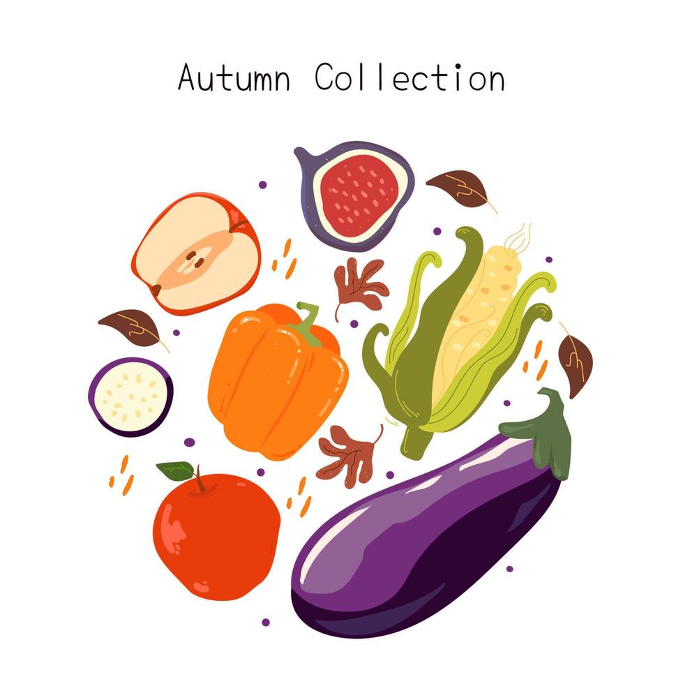 A set of hand drawn fall fruits and vegetables figs, apple, sweet peppers, eggplant and corn. Round composition vector